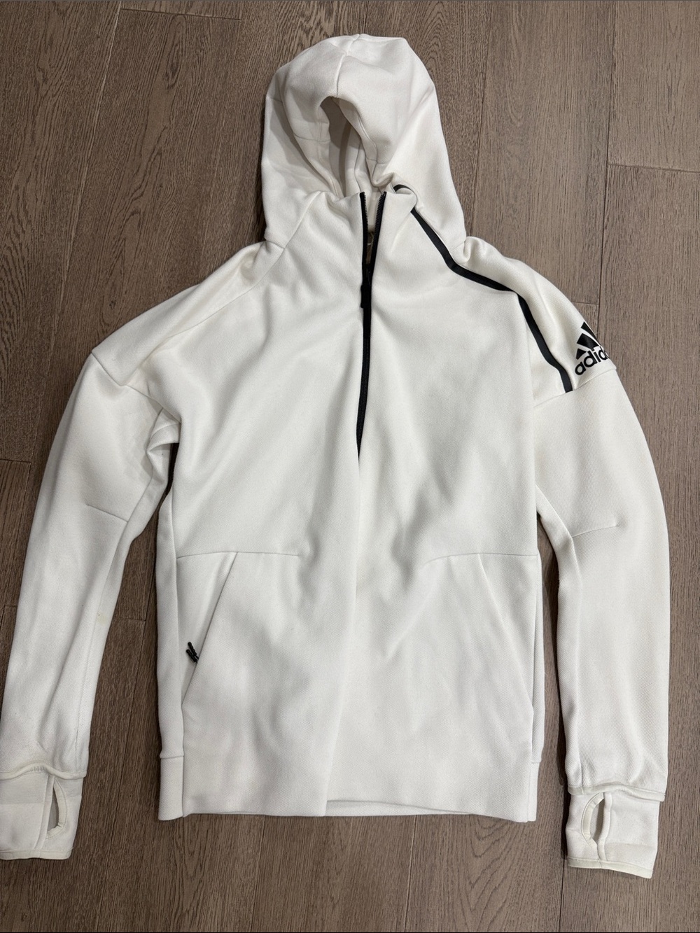 adidas White Hoodie with Black Trim and Sleeve Logo